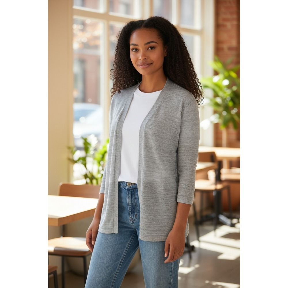 (B-204)Karen Scott Women’s Gray Open Front Cardigan Size M 3/4 Sleeve Lightweigh